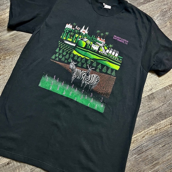 Vintage Zebra Animal Print Shirt Size Large Black 90's Zoo Tee Hearst Castle - Picture 1 of 3